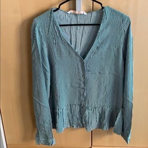 Zara Green and White Striped Button Blouse